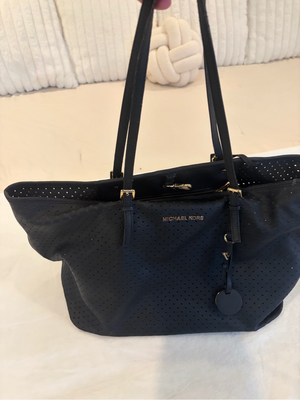 Michael Kors Navy Perforated Leather Tote with Gold Hardware